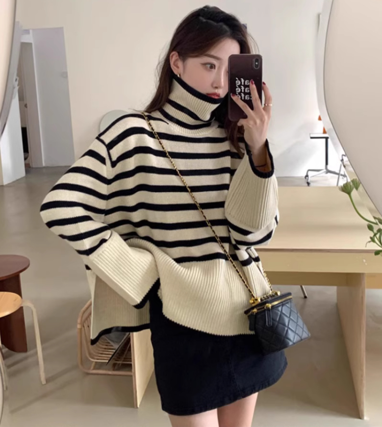 Korean style chic turtleneck striped sweater for women, lazy and loose outer wear, autumn and winter new fashionable versatile sweater