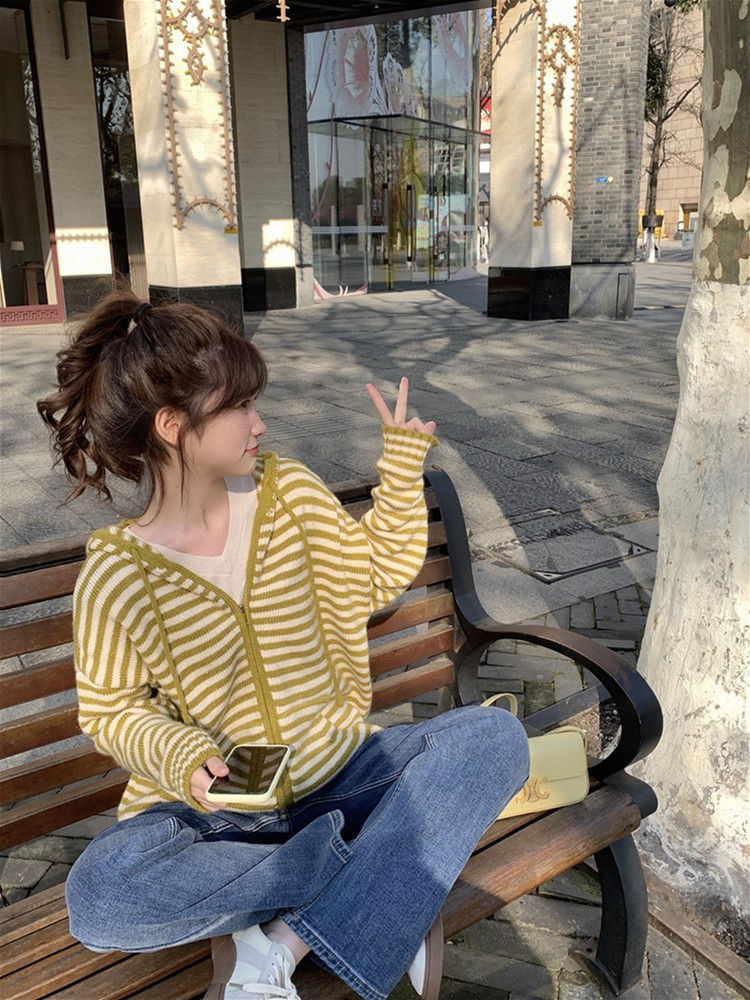 Contrast striped hooded zipper sweater spring and autumn cardigan new niche casual long-sleeved loose knitted top for women