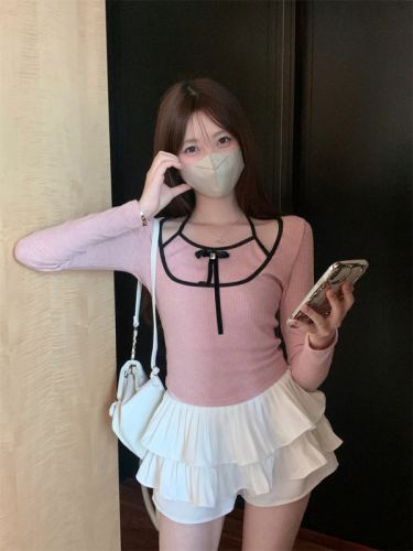 Real shot of fake two-piece halterneck knitted T-shirt pure desire ballet style pink bottoming shirt slim long-sleeved top