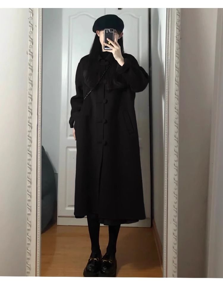Retro buttoned woolen coat for women autumn and winter new Korean style Hepburn style woolen coat