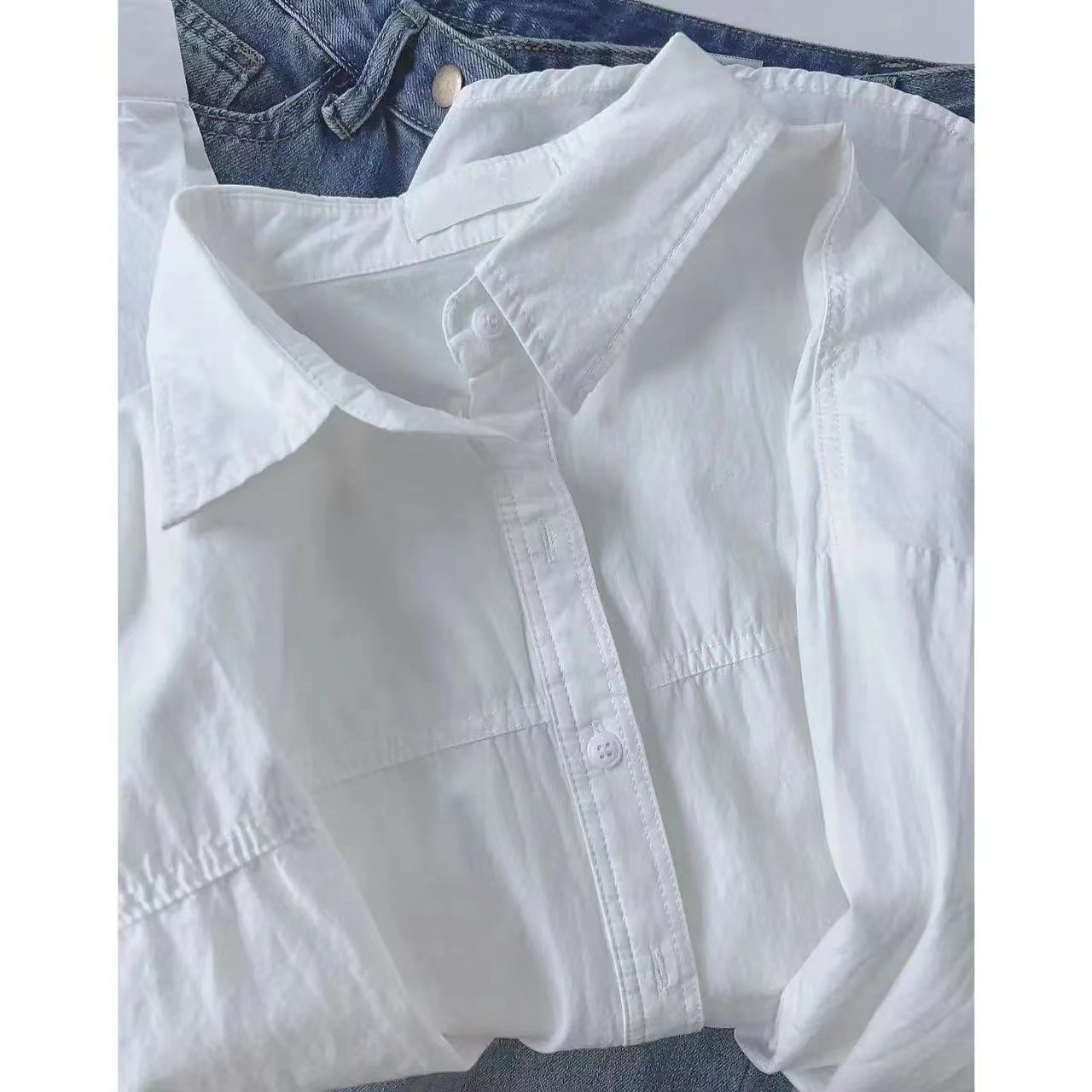 Pure cotton inner design, fresh and loose lapel white mid-length long-sleeved shirt top