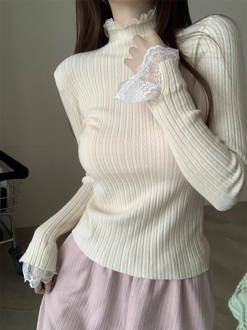 半高領蕾絲拼接針織衫女秋冬新款溫柔甜美修身毛衣打底衫上衣