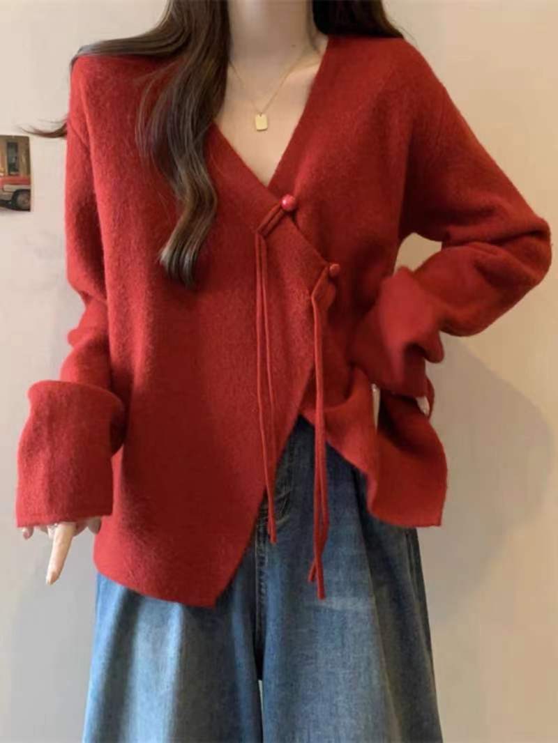 New Chinese style disc button v-neck sweater jacket for women winter large size fat mm slimming loose mid-length slit sweater
