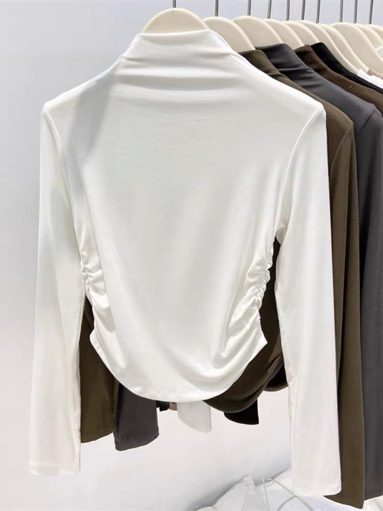 French sweet and spicy design niche white long-sleeved high-neck t-shirt for women, unique, chic, beautiful waist slimming top