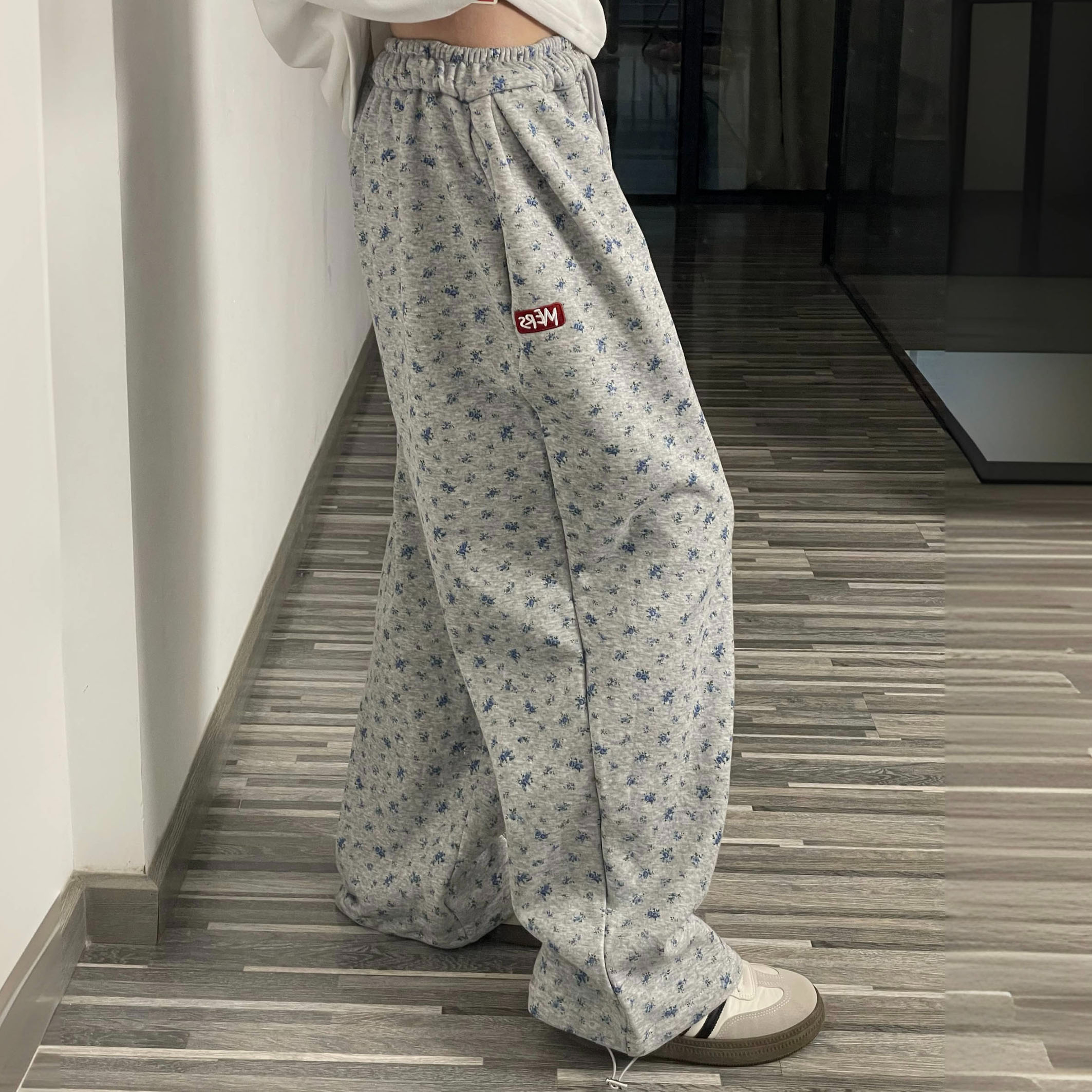American retro small floral plus velvet wide-leg pants for women, loose-fitting winter casual sweatpants ins trend