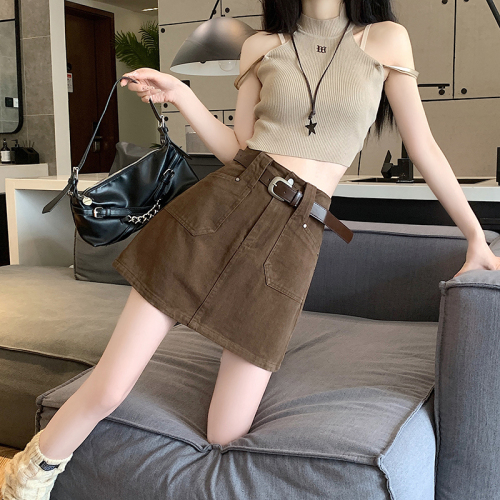 Actual shot of 2024 spring and summer new American retro coffee-colored skirt high-waisted slim A-line versatile design short skirt