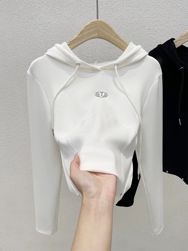 Hooded design fishbone long-sleeved T-shirt for women in autumn hooded inner layered shirt autumn and winter 2024 new tops