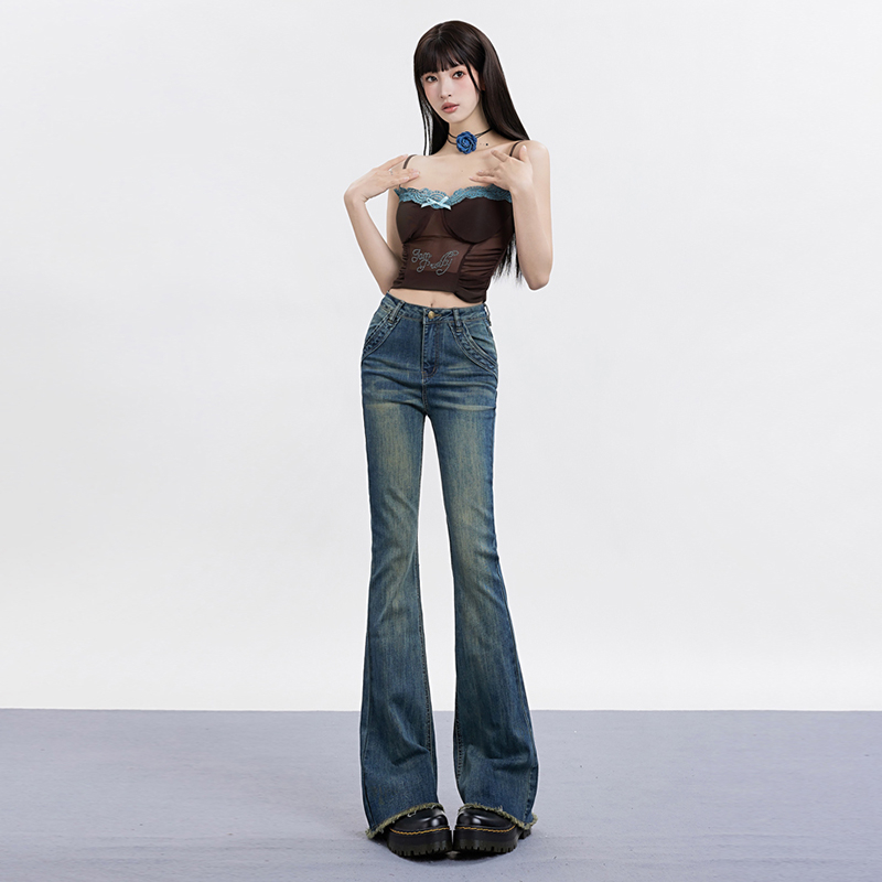 Actual shot of 2024 early spring washed distressed jeans for women slimming flared floor mopping pants