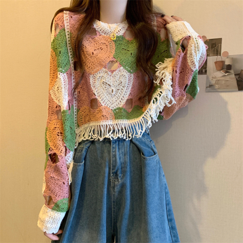 Actual shot of the new Korean style crocheted hollow tassel loose knitted sweater top