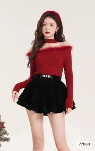 Winter new Korean style sweater design, versatile one-shoulder slimming sweater, Christmas hot girl sweater