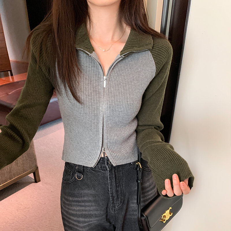 Actual photo of short high collar double zipper retro contrasting raglan knitted jacket