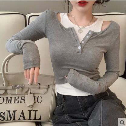 Fake two-piece tops for women, new autumn clothing, sexy pure desire long-sleeved T-shirts, chic bottoming shirts for women