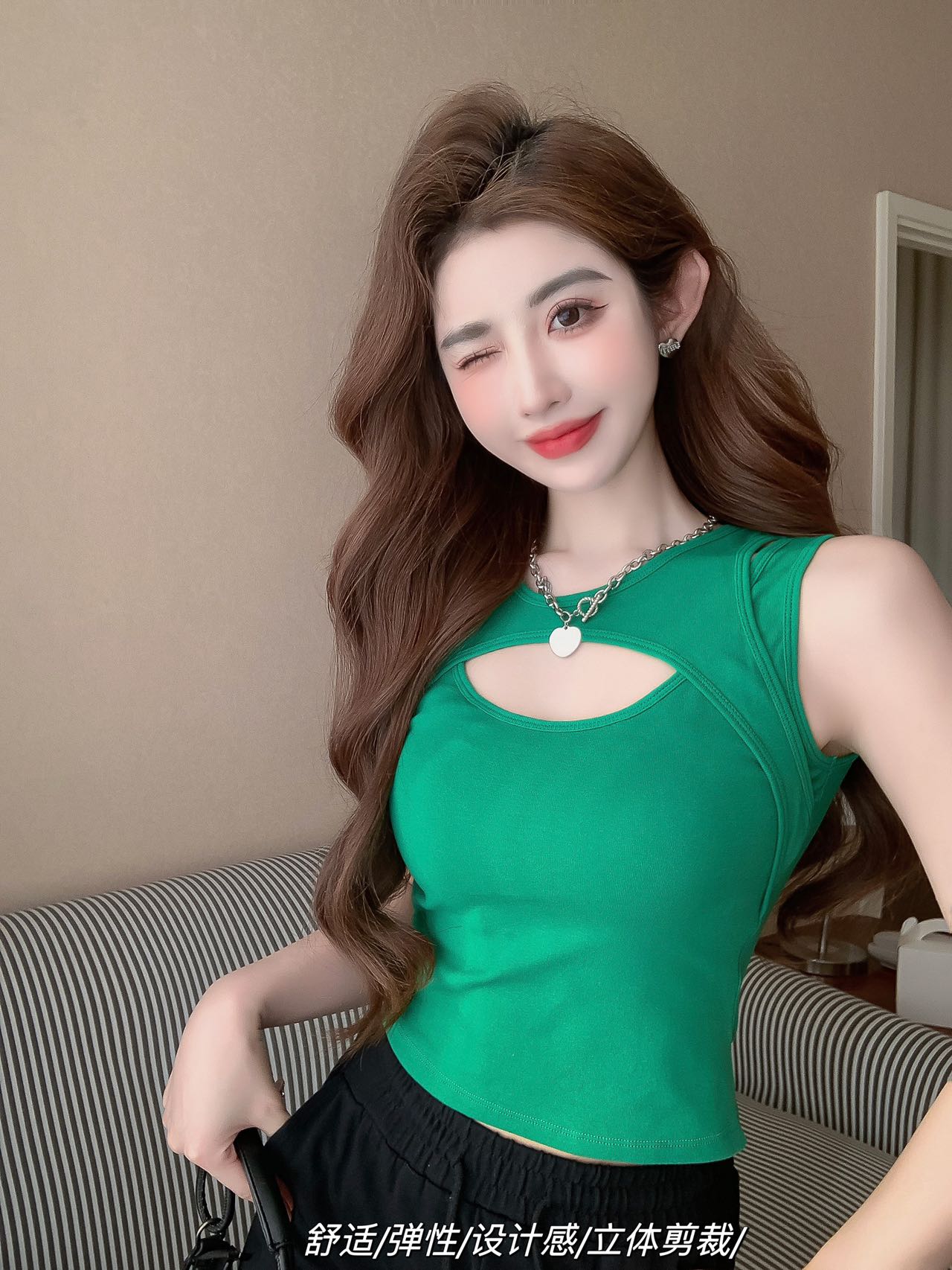 Sweet and cool chest hollow design vest slightly fat women summer new slim sexy hottie fake two-piece top