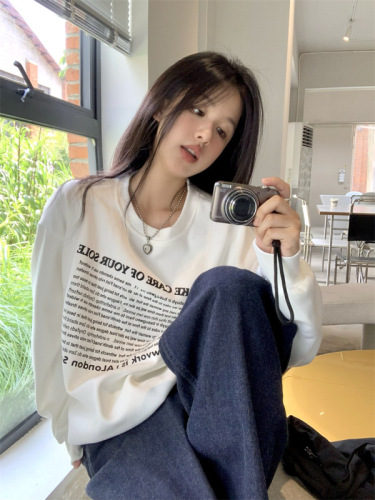 Real shot early spring new pure cotton round neck pullover long sleeve letter casual high quality thin round neck sweatshirt for women