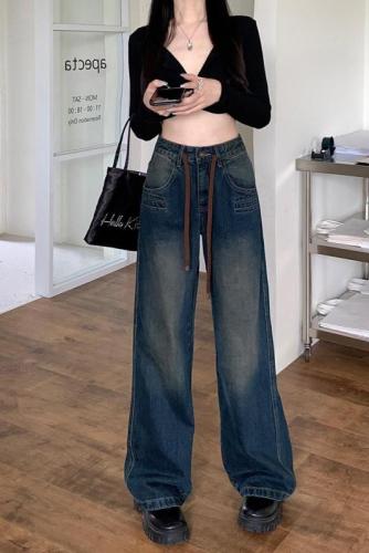 Real shot of drawstring jeans for women 2024 spring retro casual wide-leg trousers with slimming straight-leg pants