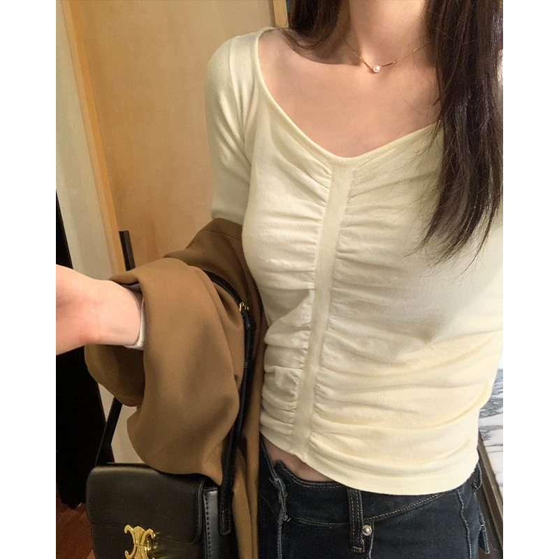 Real photos of French style V-neck pleated design Western-style knitted sweater for women spring 2024 long-sleeved T-shirt short top