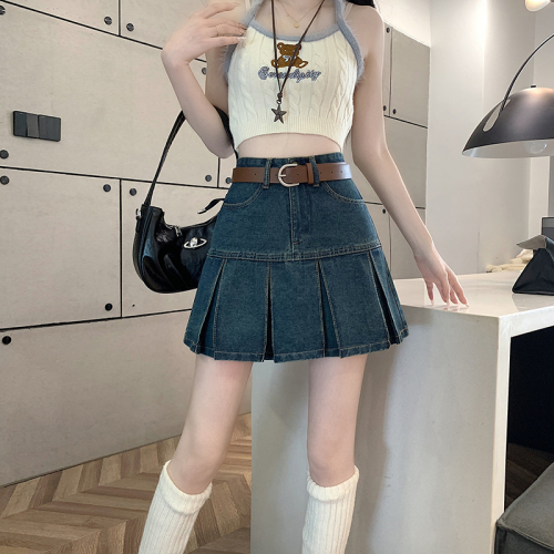 Actual shot of 2024 summer new style American retro washed denim skirt hot girl pleated skirt high waist slimming A-line skirt