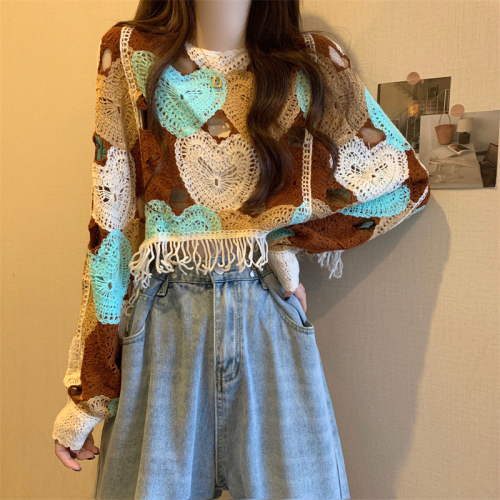 Actual shot of the new Korean style crocheted hollow tassel loose knitted sweater top