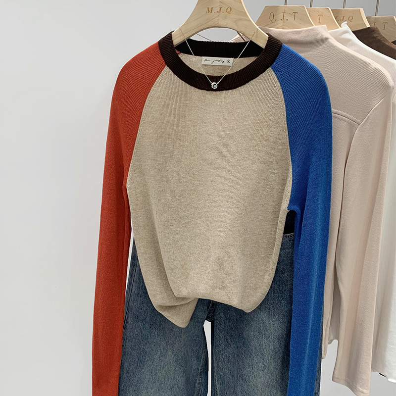 Real shot pictures stitched with contrasting color design niche long-sleeved T-shirt for women spring 2024 new round neck bottoming shirt