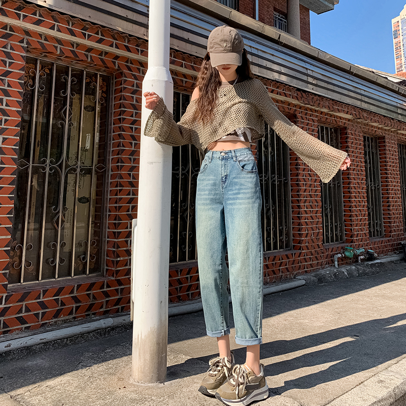 Actual shot of 2024 early spring jeans for women, stretchy slimming loose wide-leg harem carrot daddy pants