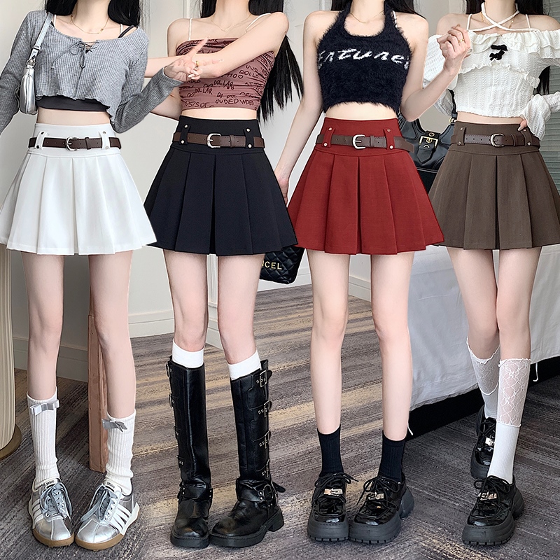 Real shot of college style high-waisted pleated skirt for women spring 2024 new versatile slimming and anti-exposure A-line skirt