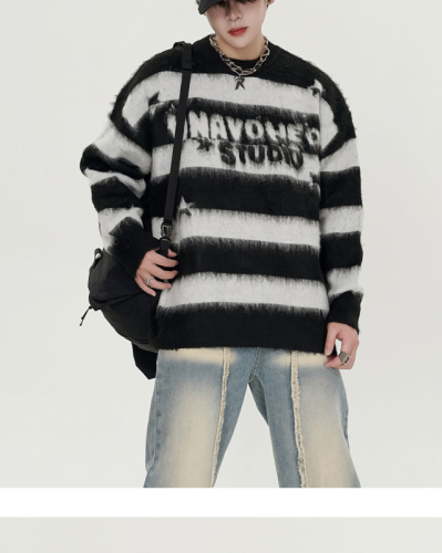 High quality striped mink sweater women's autumn and winter couple's lazy outer knitted top