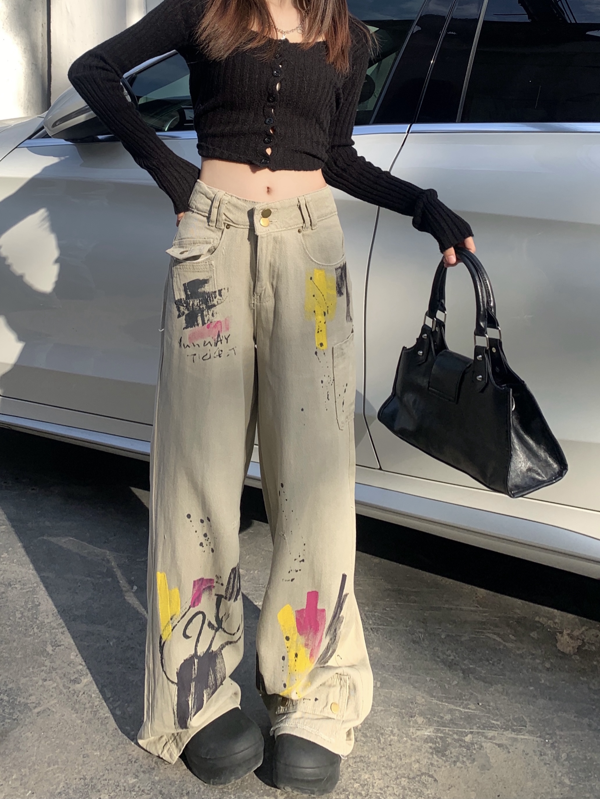 實拍！塗鴉印花髒髒褲寬鬆闊腿牛仔褲子女歐美式直筒長褲