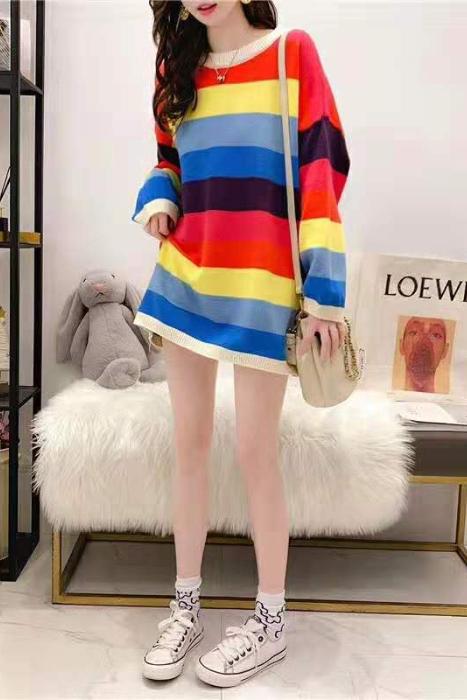 彩虹條紋毛衣寬鬆女慵懶風秋裝新款百搭套頭針織衫上衣