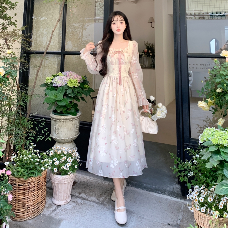 大碼女裝春秋法式方領仙女長裙子提花+印花收腰顯瘦長袖連衣裙