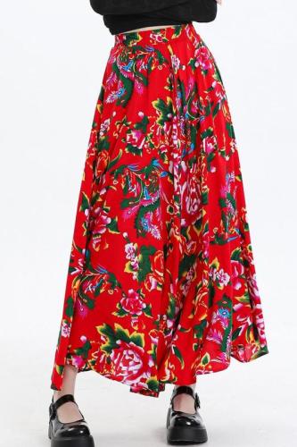 Northeast large flower high waist spring and summer long skirt for fat mm casual skirt loose and drapey slimming skirt