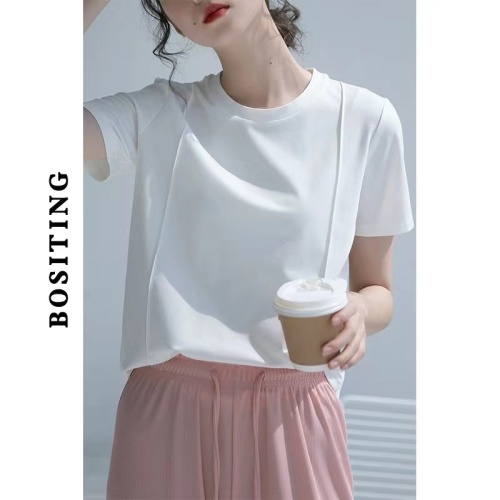 Short-sleeved white T-shirt for women summer new style round neck loose half-sleeved design pure cotton right shoulder high-end top
