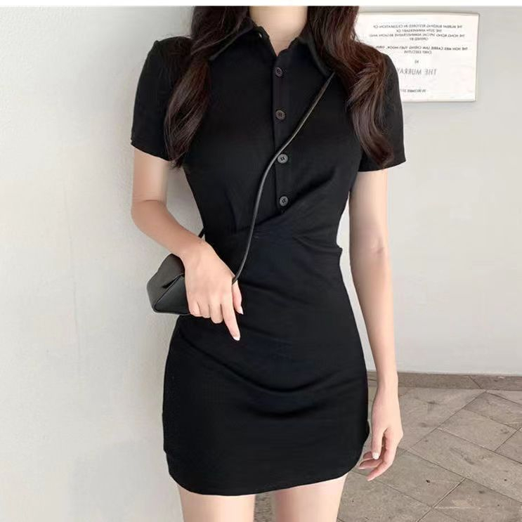 純欲風修身顯瘦褶皺氣質甜辣連衣裙子女夏黑色POLO領緊身包臀短裙