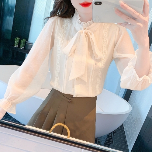 French style stand-up collar bow long-sleeved shirt for women autumn 2024 new design niche chiffon top