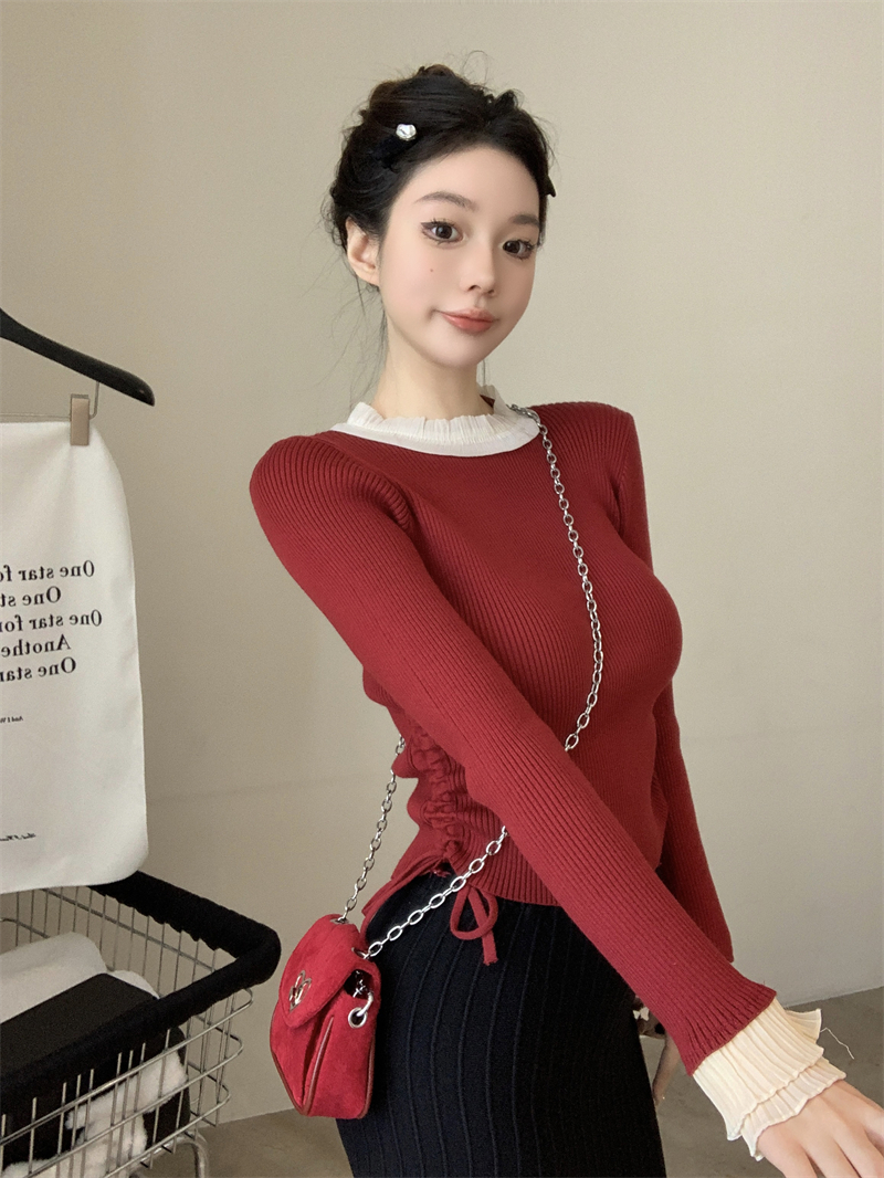 Real shot French niche stitching lace side drawstring round neck knitted base sweater