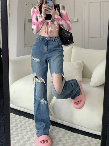 Real shot!  Ripped jeans women's spring and summer fashionable new style loose drape wide leg floor mopping pants