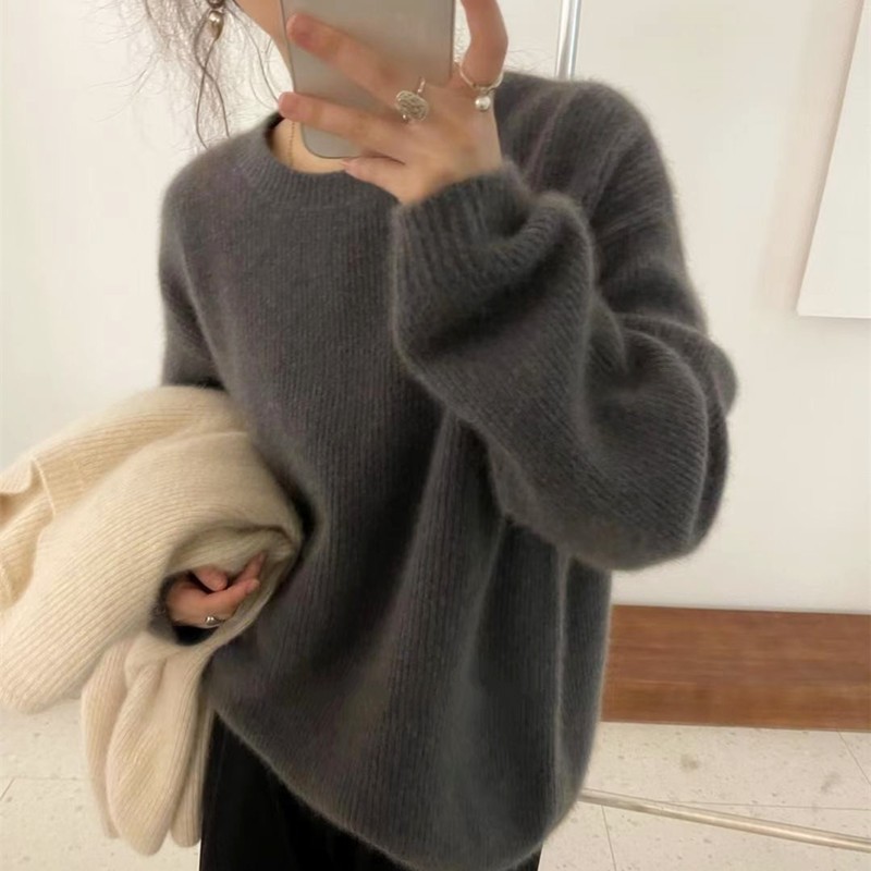 慵懶風煙灰色針織衫女裝新款寬鬆圓領加厚套頭毛衣