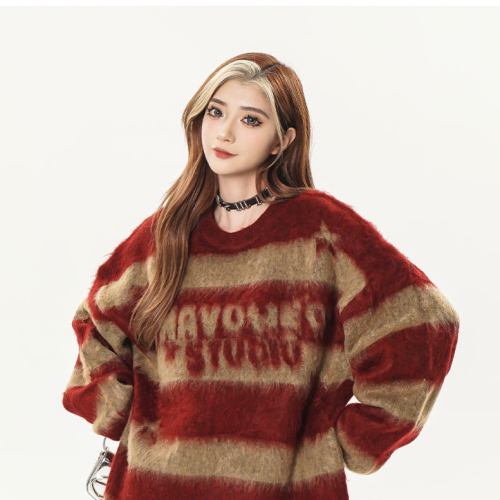 High quality striped mink sweater women's autumn and winter couple's lazy outer knitted top