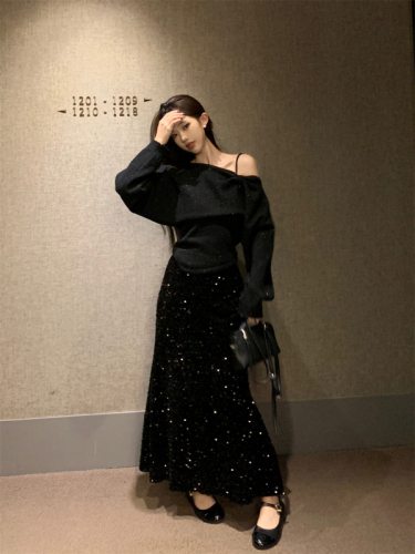 Actual shot ~ Korean style one-shoulder loose knitted sweater + slim fit suspender + sequined long hip-covering skirt