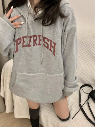 Real shot of pure cotton gray American retro letter hooded velvet sweatshirt for women 2024 loose lazy style jacket