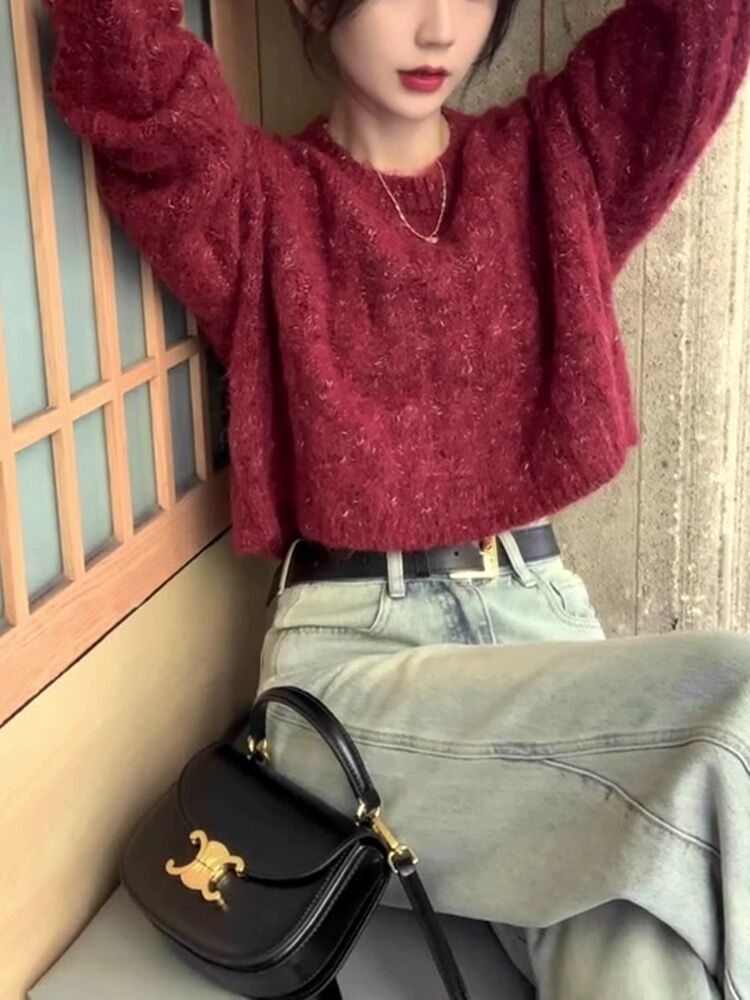 復古高級感圓領花紗麻花軟糯毛衣女寬鬆顯瘦短款長袖針織上衣秋冬