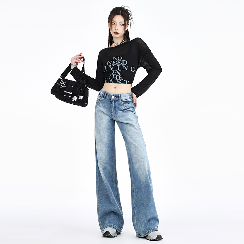 Actual shot of 2024 early spring fashion trend wide-leg jeans early spring new loose retro straight-leg floor-length pants