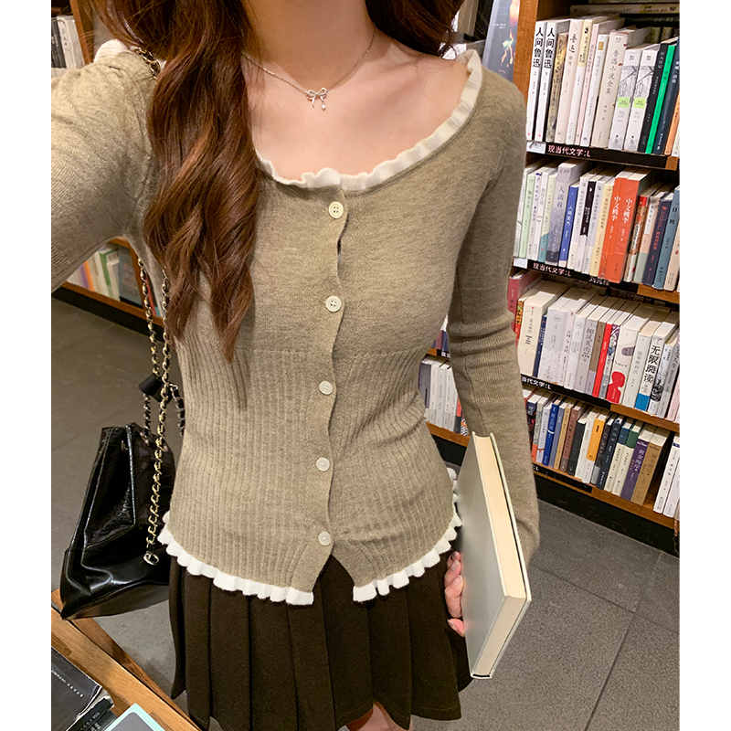 Actual pictures of lace and woolen vintage cardigan small jacket Slim-fitting right-shoulder sweater long-sleeved niche top