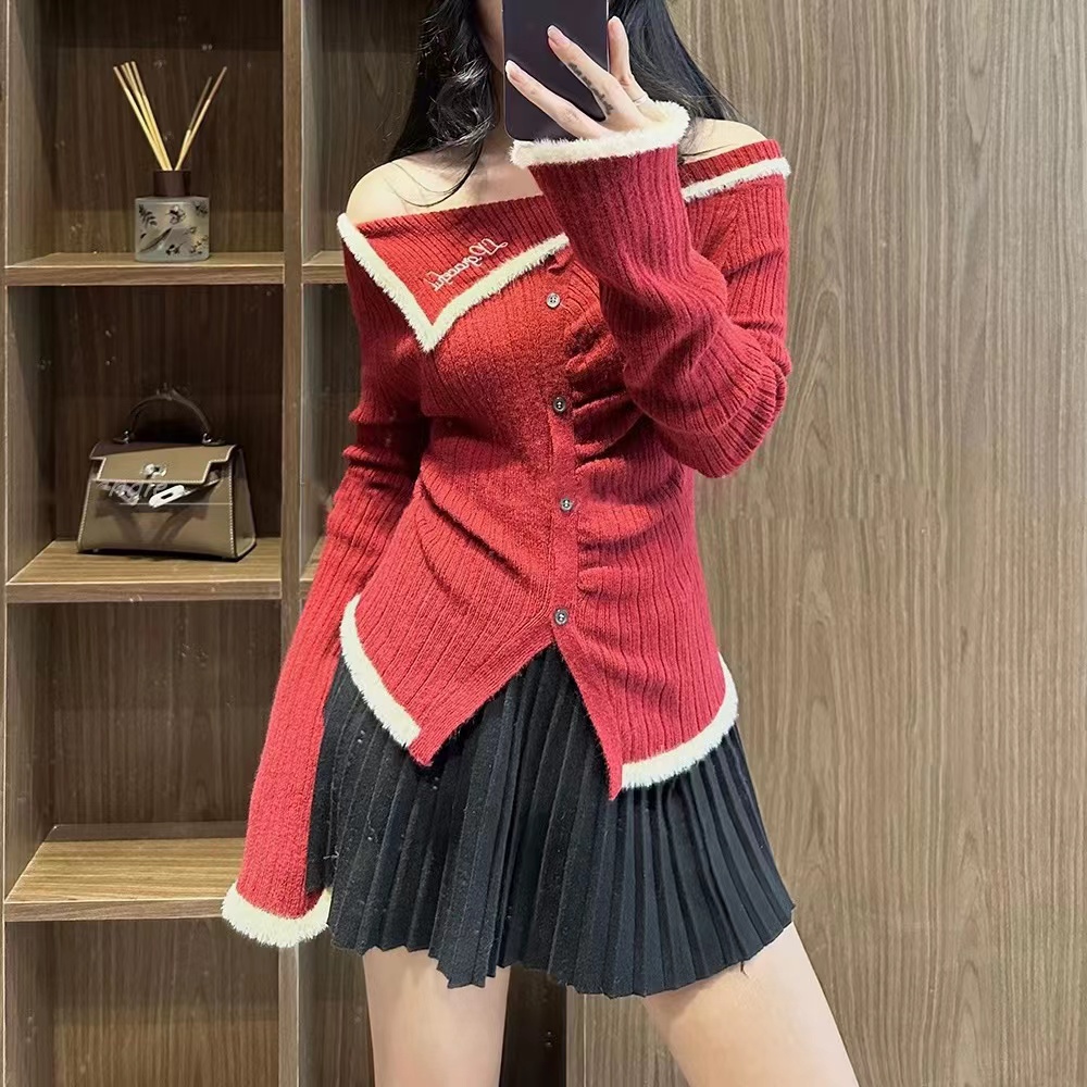 Bottoming shirt for women autumn and winter 2024 new inner layered top one-shoulder gray sweater knitted cardigan