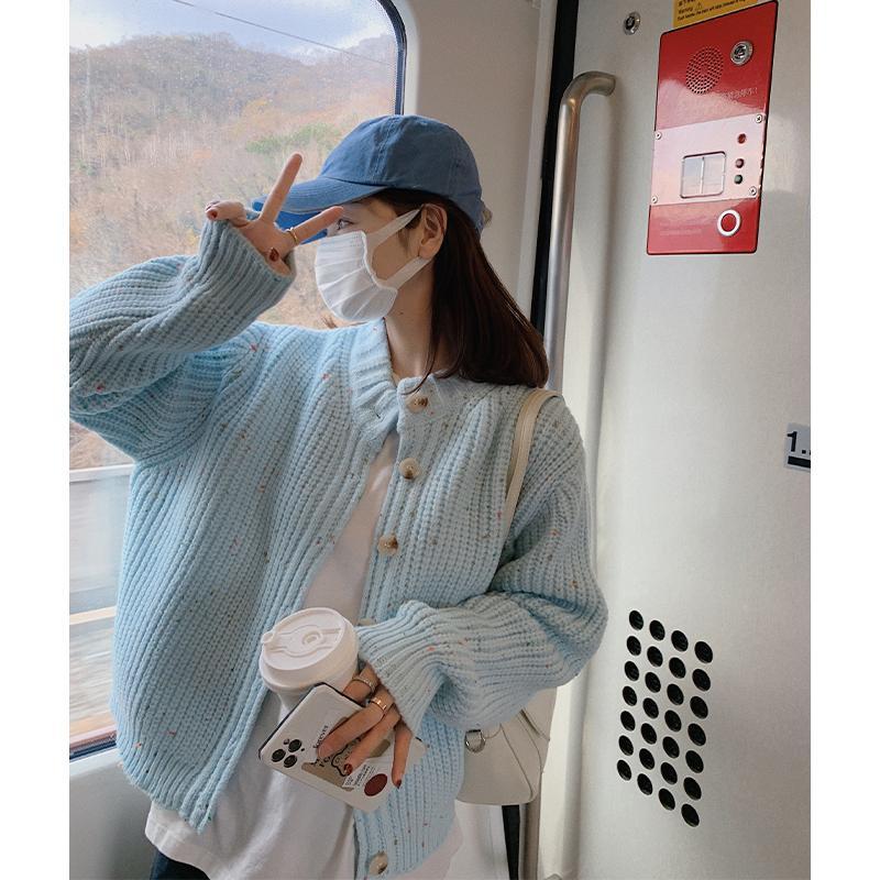 Soft milk blue sweater jacket for women in spring and autumn, loose and lazy style, Japanese style, gentle and western style top, salt style knitted cardigan