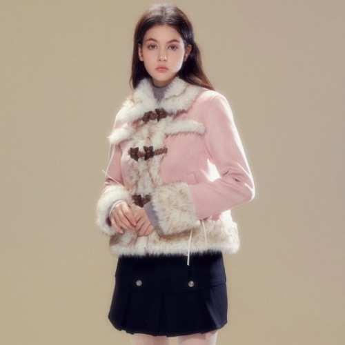 SunsetPark Pink Suede Butterfly Horn Button Plush Jacket Winter Thick Short Style