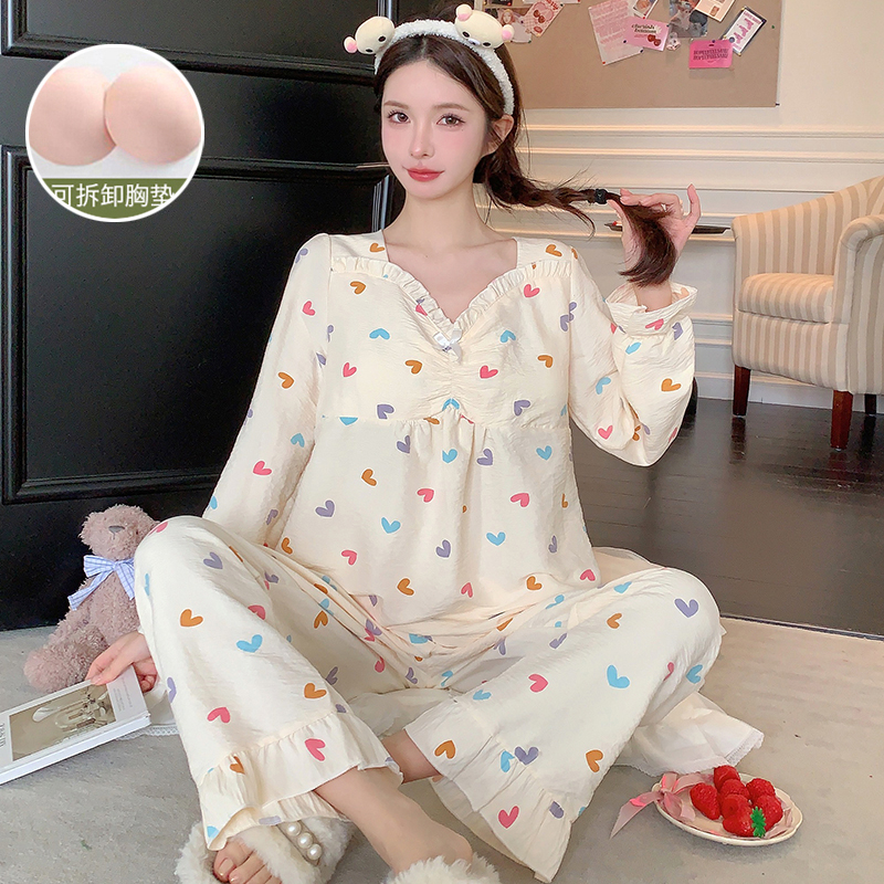 Aishang Spring and Autumn New Style Cloud Cotton Long Sleeve Pajamas with Breast Pads for Girls Sweet Style Home Clothes Set