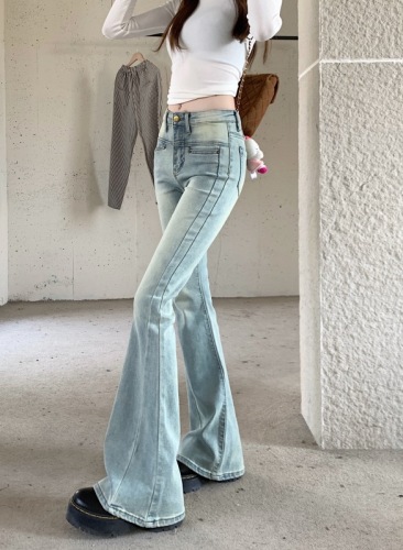 Actual shot~Light-colored high-waisted denim bell-bottom pants for women in spring, slim stretchy slim-fit boot-cut pants
