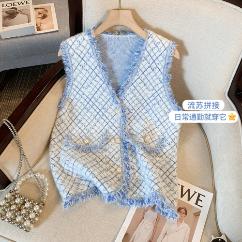 Real shot imitation mink small fragrant style vest jacket for women in spring, autumn and winter, age-reducing temperament, tassel color-blocking knitted cardigan vest