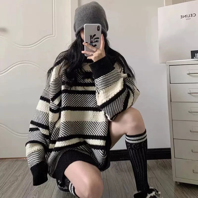 Plus size women's fat sister mm autumn and winter new Korean style loose mid-length lazy style striped long-sleeved sweater jacket