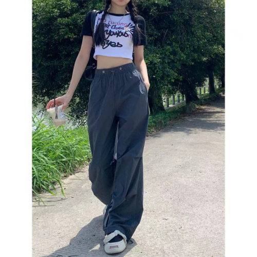 American-style leggings trousers for women, high-waisted drawstring straight overalls, summer casual pants, loose wide-leg pants, floor-length trousers